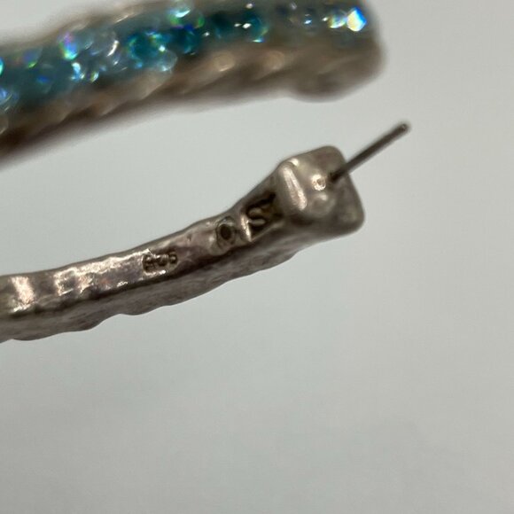 Sterling Silver Hoop Earrings With Blue Crystal Accents 925 Marked - Picture 5 of 9